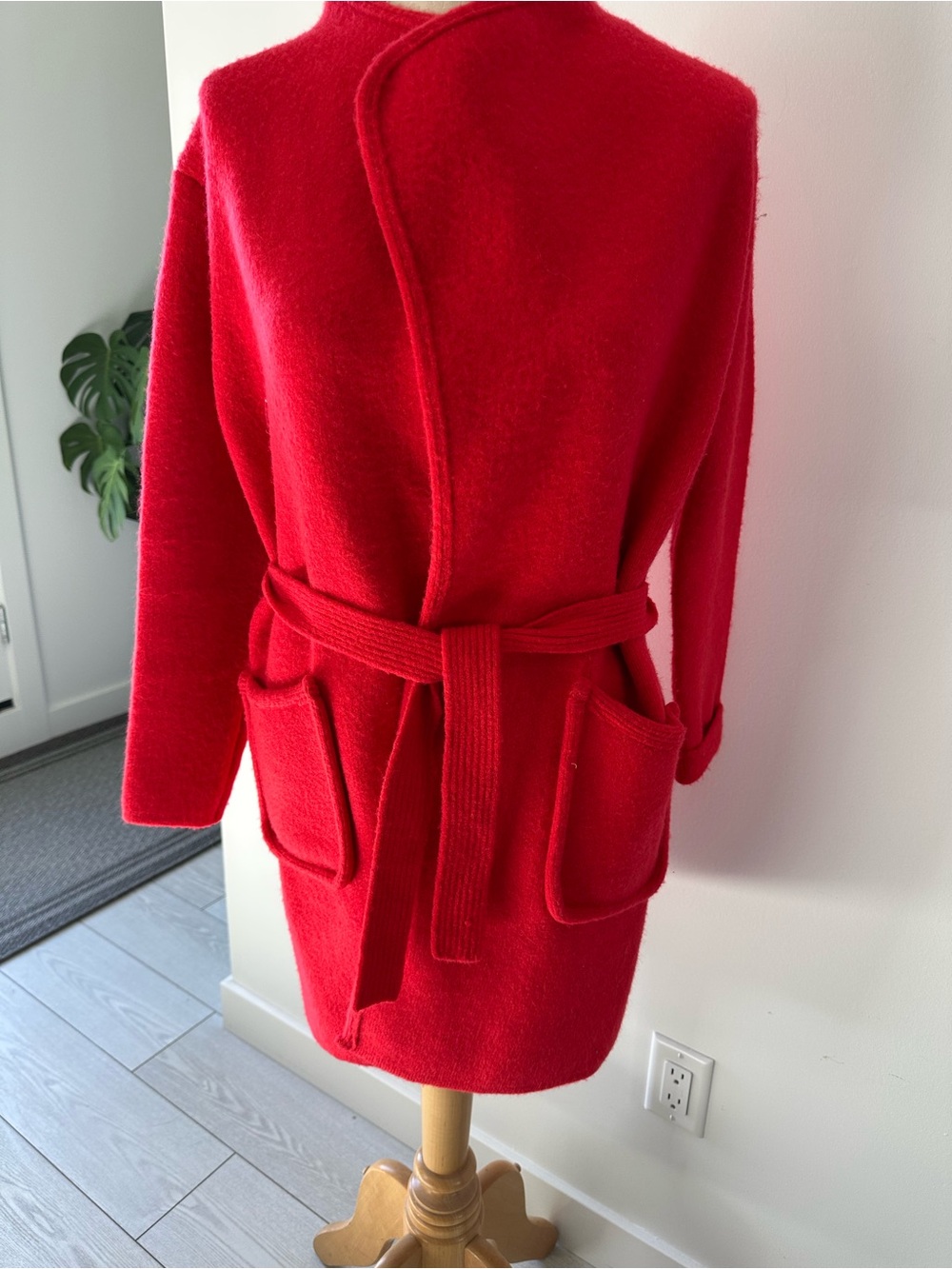 Women's Red Belted Knit Robe with Pockets - Cozy Loungewear